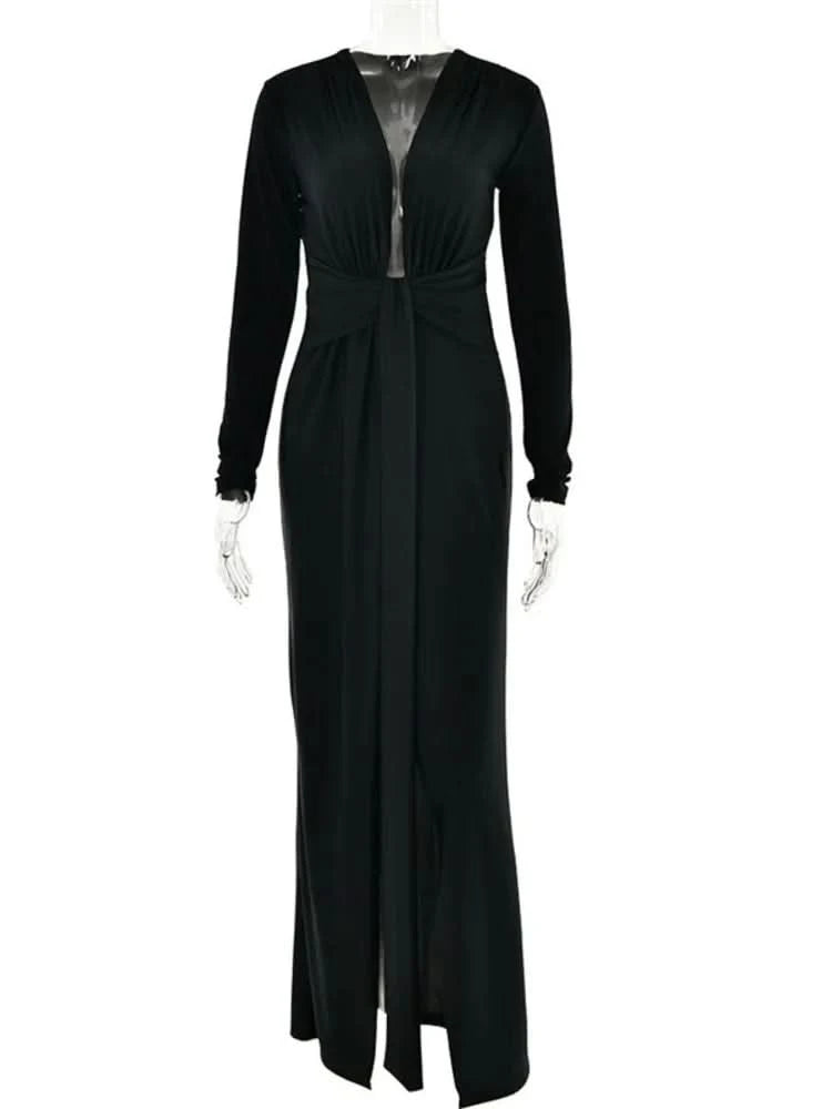 Mozision Deep V Neck Long Sleeve Split Maxi Dress Women Elegant Clubwear 2023 Autumn New Bodycon Ruched Sexy Long Dress - M & M Global