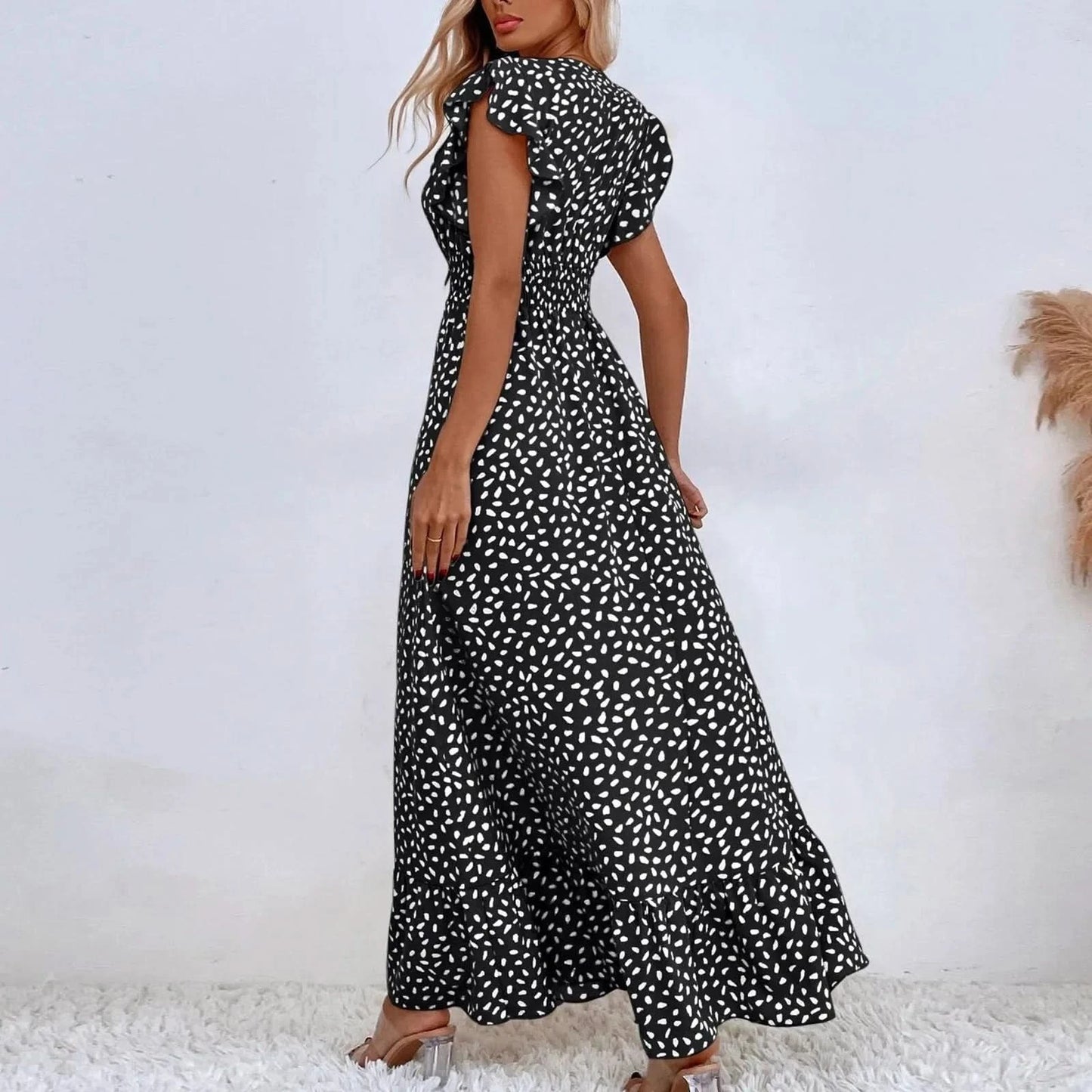 Polka Dot Dress For Women Sexy V-Neck Long Dress Casual And Fashionable Ruffle Edge Short Sleeved High Waisted Dress - M & M Global
