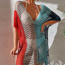 Knitted Contrast Tassel Bikini Summer Beach Cover Up Sexy Hollow Out Women V Neck Loose Beachwear Sunscreen Smock - M & M Global