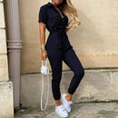 Women's Monochromatic Belt Workwear Jumpsuit, Casual Pants, Flip Collar, Buckle, European and American, Summer, 2024 - M & M Global