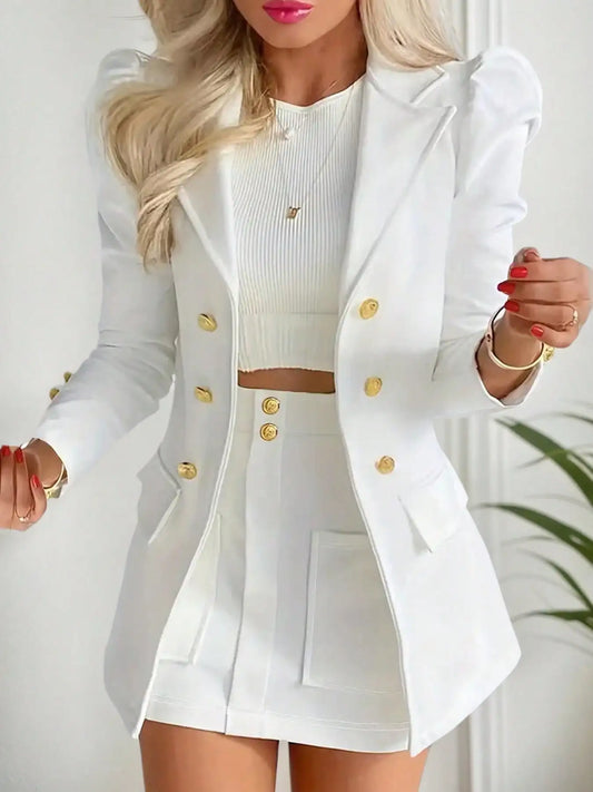 New women's two-piece suit jacket, elegant solid color long sleeved suit jacket and mini skirt, women's clothing,