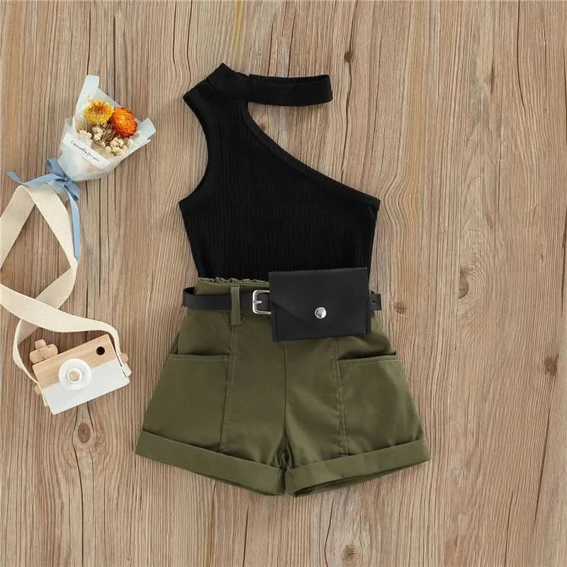 1-5 Years Infant Girl Casual Set Tanks Tops + Shorts + Waist Bag Pockets Decoration Casual Style Girls Summer Clothing Set - M & M Global