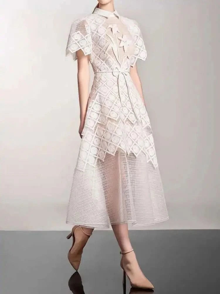 UCXQ Elegant Long Dress Fairy Style Embroidery Lace Patchwork Short Sleeve Waist Party Dresses For Women 2025 Spring Summer 9302 - M & M Global