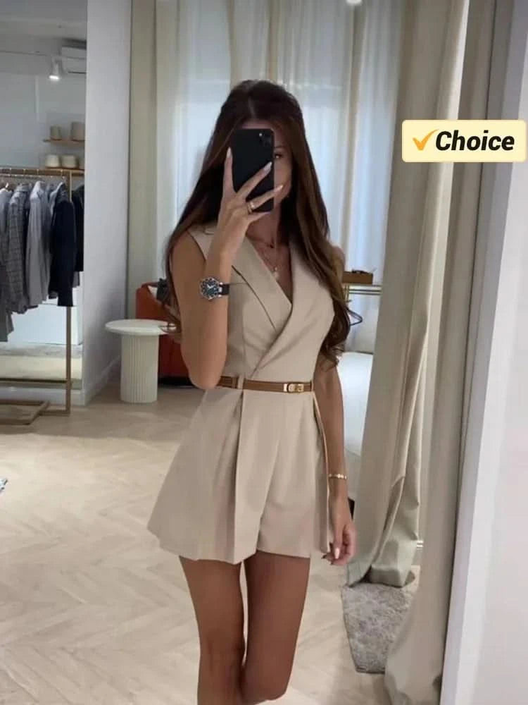 Summer Fashion New Women's Lapel Suit Jumpsuit OL Professional Commuting Women's Office Style Shorts Formal Jumpsuit - M & M Global