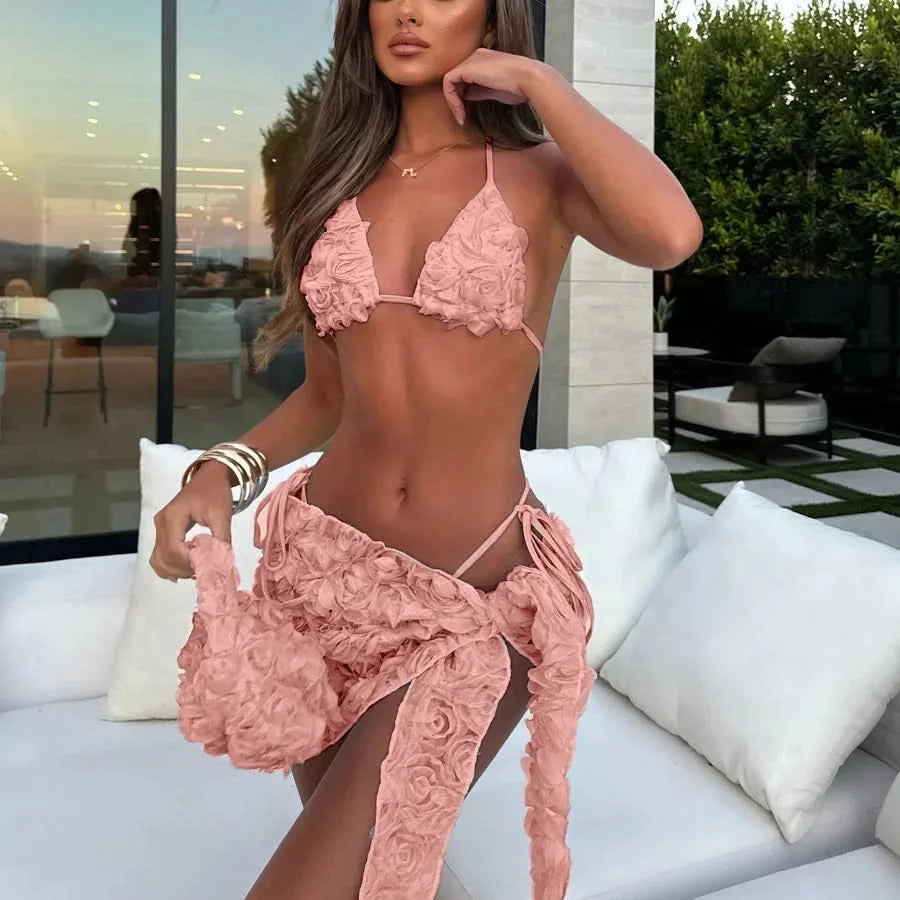 Women's Sexy 3 Piece Bikini Set 3D Flower Beach Skirt Swimsuit Pure Pink Triangle Halter Backless Thong Swimwear 2025 Summer New - M & M Global