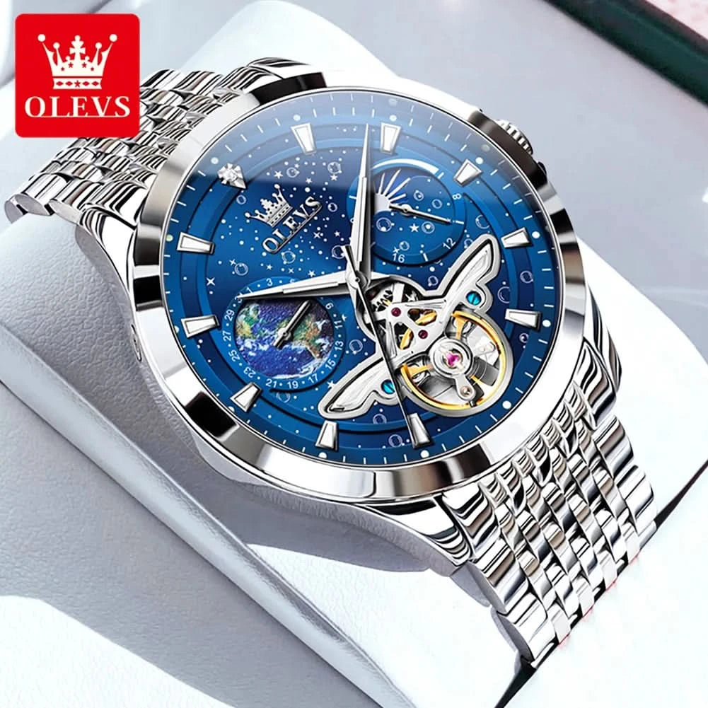 OLEVS Luxury Brand Men's Watches Luminous Waterproof Fully Automatic Mechanical Watch Starry Sky Dial Moon Phase Hollow Out - M & M Global