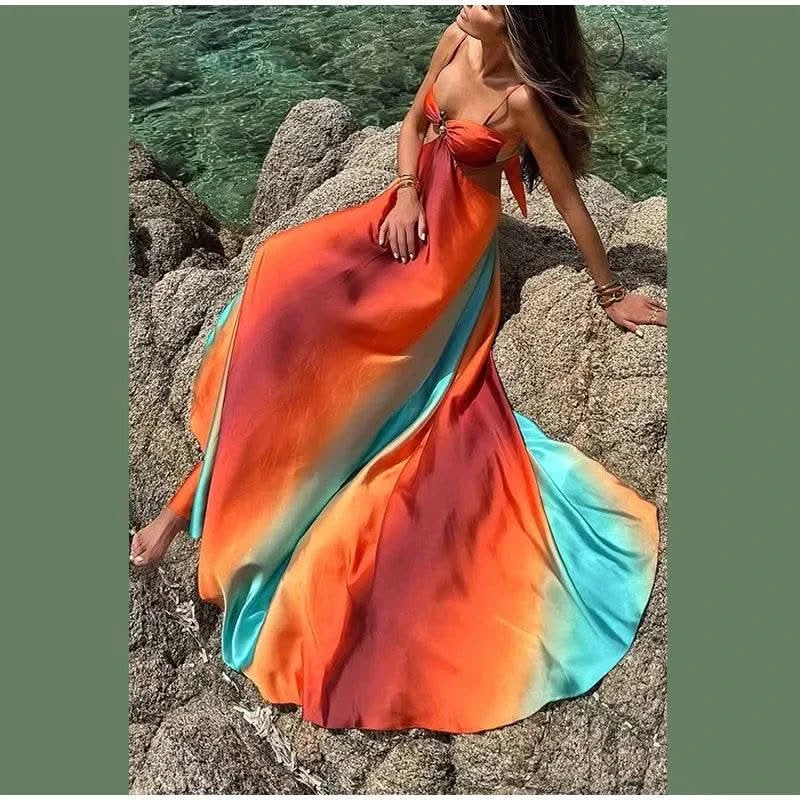 Bohemia Gradient Printed Sling Beach Maxi Dress Women Spaghetti Strap Sleeveless Backless Long Dress Female Hollow Out Chic Robe - M & M Global