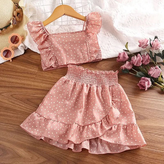 Girls' Clothing Set 5-12T Tri-Color Optional Flying Sleeve Square Collar Vest Top + Lace Skirts  Children Girls Baby Clothes Set - M & M Global