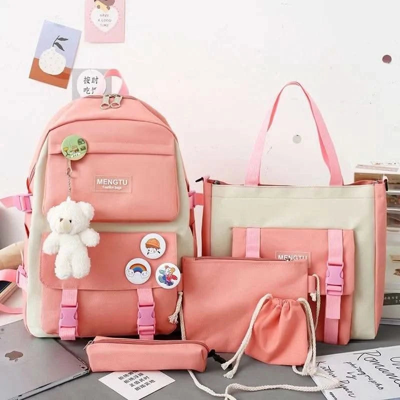 5PCS Kit Backpack Female Fashion Lady High Capacity Waterproof College Trendy Girls Laptop School Bags Cute Girl Travel Book Bag - M & M Global