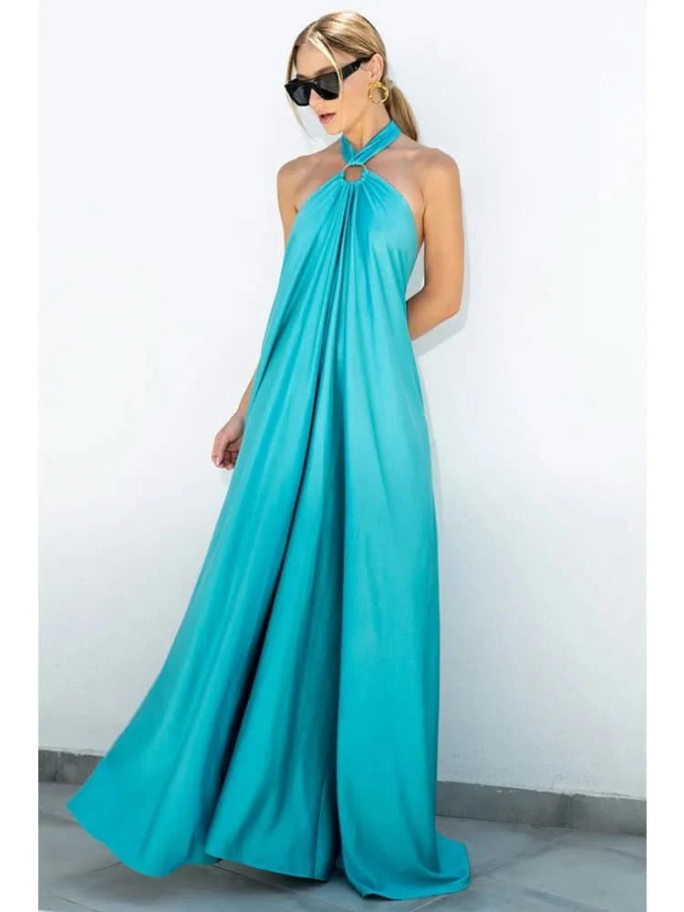 Summer Satin Sexy Women Long Dress Fashion Blue Elegant Vestido Halter Sleeveless Party Evening Dress - M & M Global