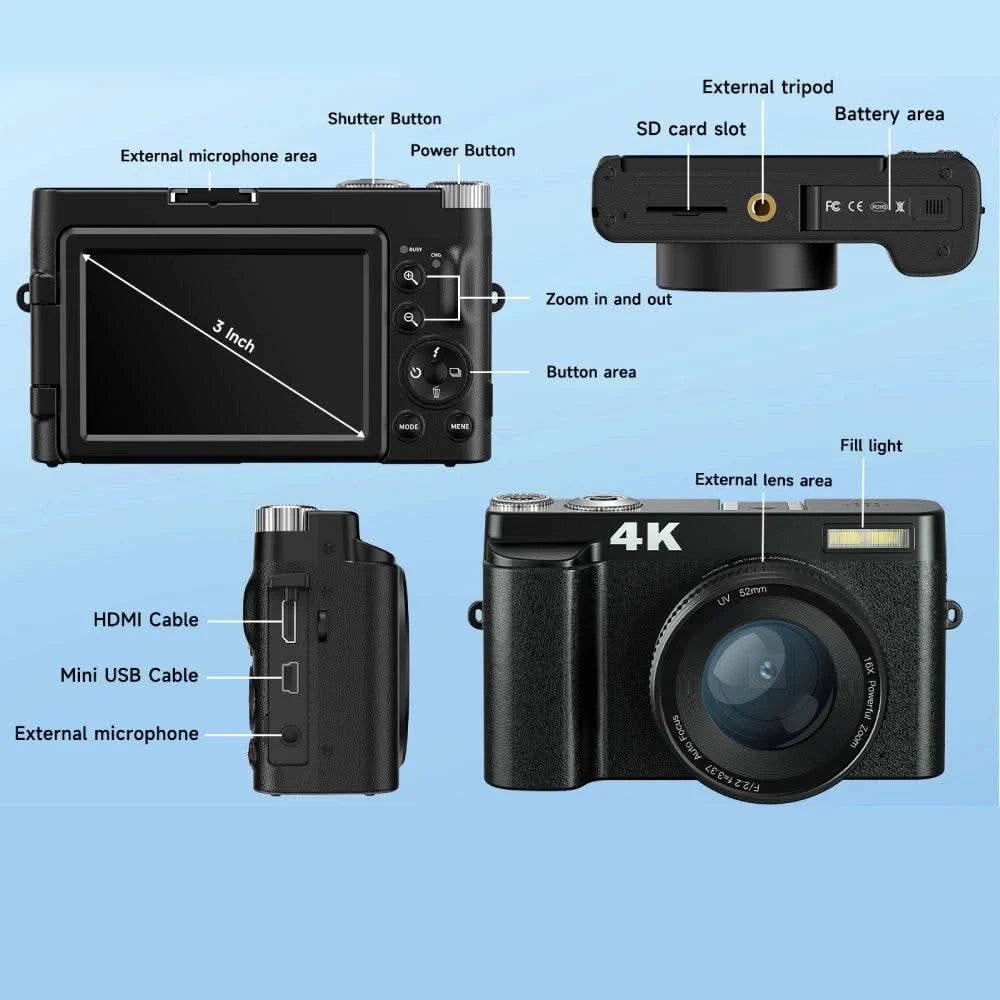 4K Digital Camera for Photography and Video Autofocus Anti-Shake 48MP Compact Vlogging Camera 3'' 180° Flip Screen with Flash - M & M Global