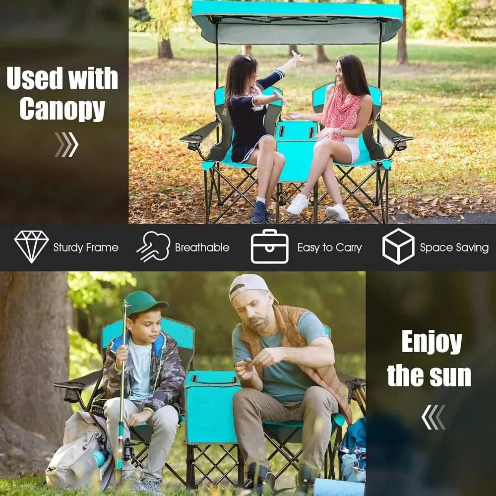 Double Camping Chair w/Shade Canopy, 2-Person Folding Camp and Beach Chair with Mini Table Beverage Cup Holder - Free Delivery