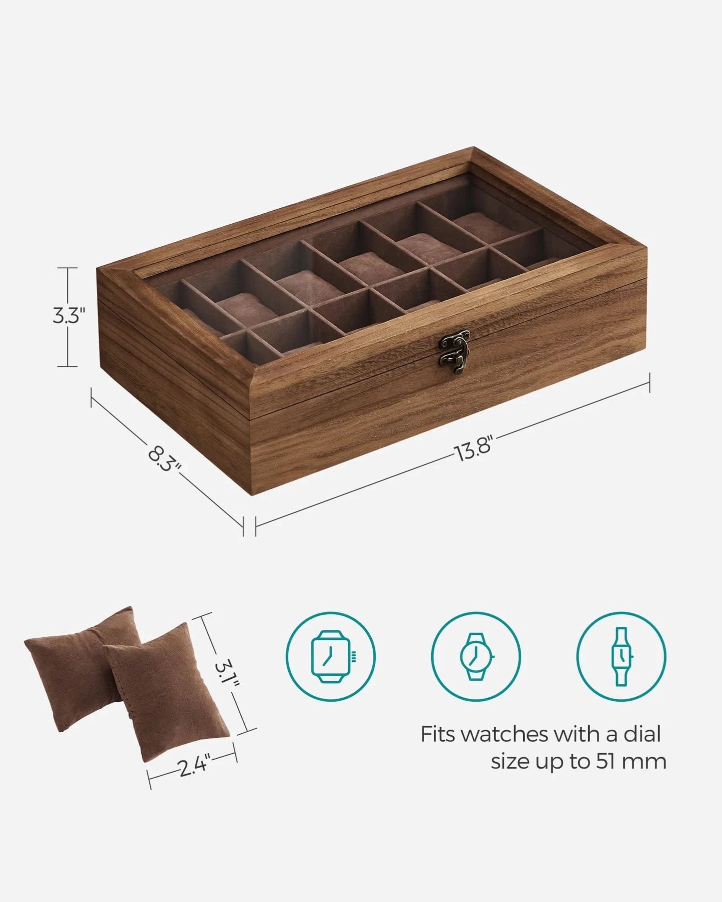 SONGMICS Watch Box, 12-Slot Watch Case, Solid Wood Watch Box Organizer with Glass Lid, Watch Display Case with Removable Pillows - M & M Global