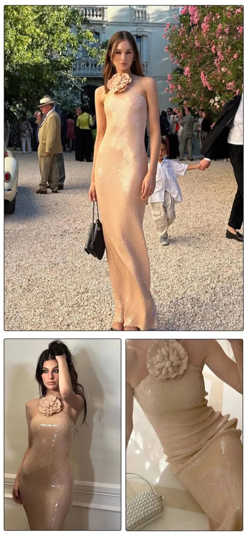 VC Women Elegant 3D Flowers Halter Backless Sexy Club Sequin Bodycon Prom Long Dress Party Festival Split Dress - M & M Global