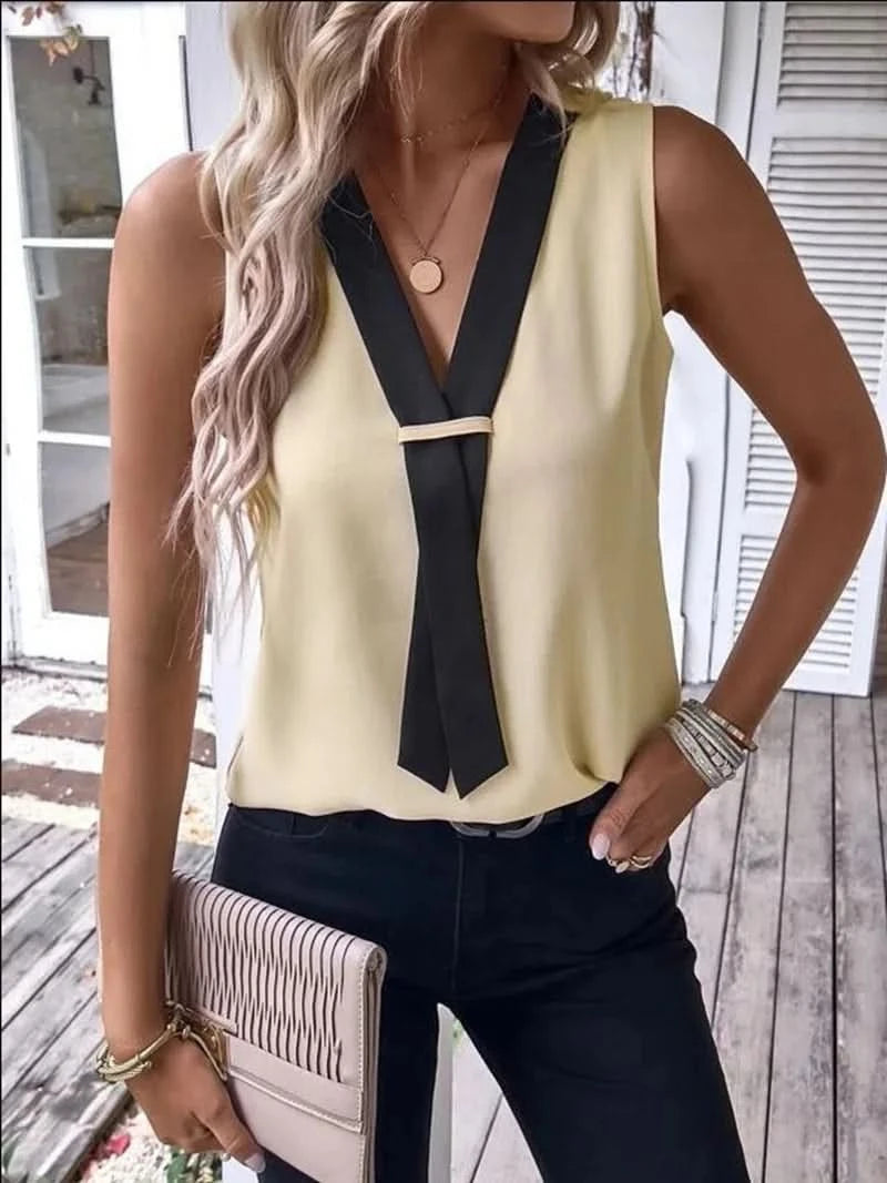 Elegant Women's Blouse Tees 2023 Summer Fashionable Style V-Neck Panel Sleeveless Top Lady Shirt S-XXXL - M & M Global