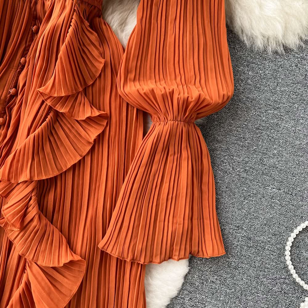 Purple/Brown/Red Chiffon Pleated Long Dress Women Vintage V-Neck Flare Sleeve Draped Ruffle Vestido Female Maxi Robe Spring Fall - M & M Global