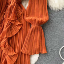 Purple/Brown/Red Chiffon Pleated Long Dress Women Vintage V-Neck Flare Sleeve Draped Ruffle Vestido Female Maxi Robe Spring Fall - M & M Global