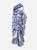 Summer Long Dress Women Runway Blue And White Porcelain Asymmetry Sexy Off The Shoulder Ruffles Hem Loose Robe Maxi Vestidos - M & M Global
