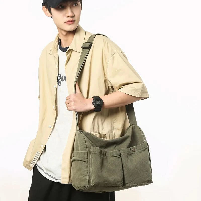 Vintage Style Canvas Messenger Bag Casual Travel Crossbody Bag Retro Large Capacity Shoulder Bag Multi Pocket Shoulder Bag - M & M Global