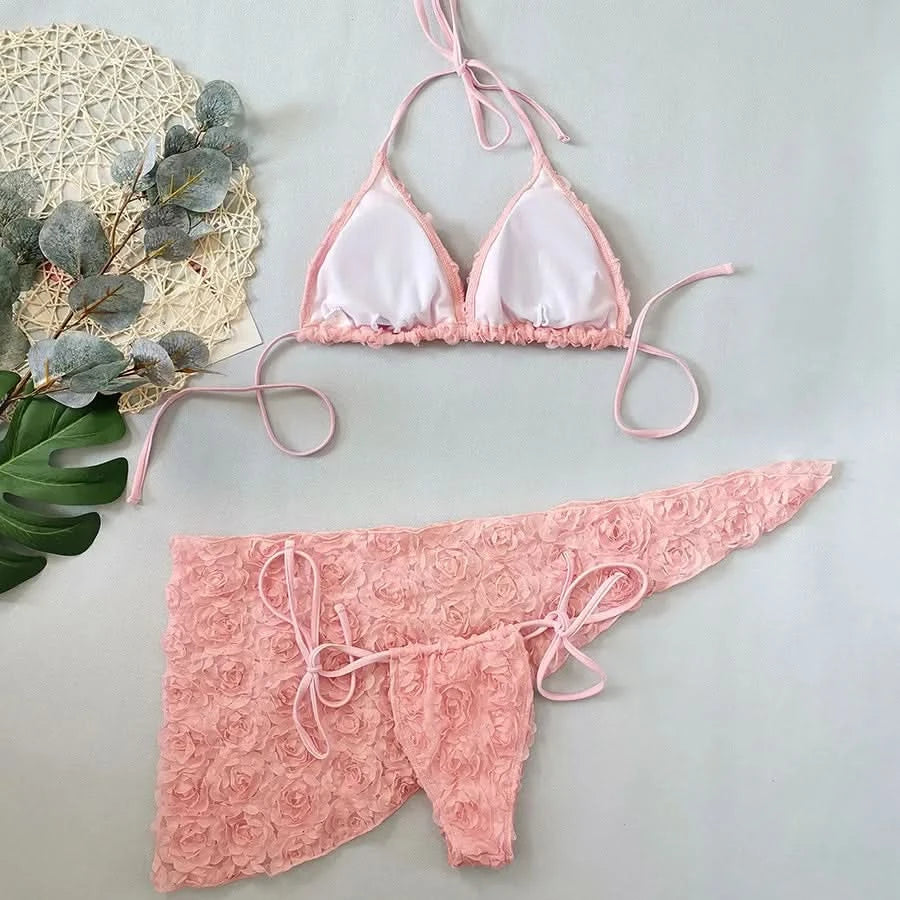 Women's Sexy 3 Piece Bikini Set 3D Flower Beach Skirt Swimsuit Pure Pink Triangle Halter Backless Thong Swimwear 2025 Summer New - M & M Global