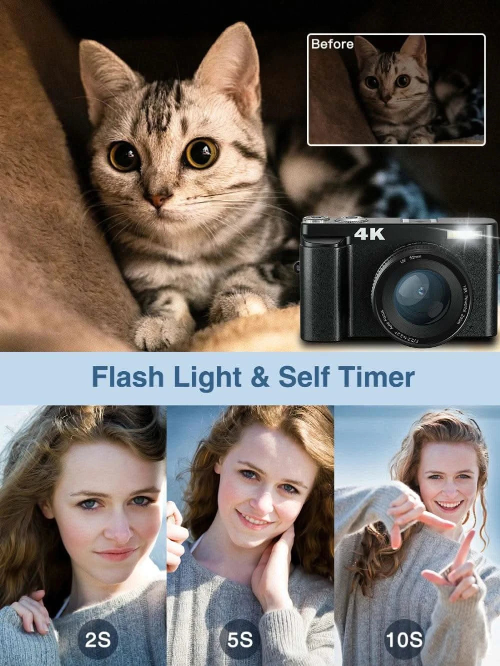 4K Digital Camera for Photography and Video Autofocus Anti-Shake 48MP Compact Vlogging Camera 3'' 180° Flip Screen with Flash - M & M Global