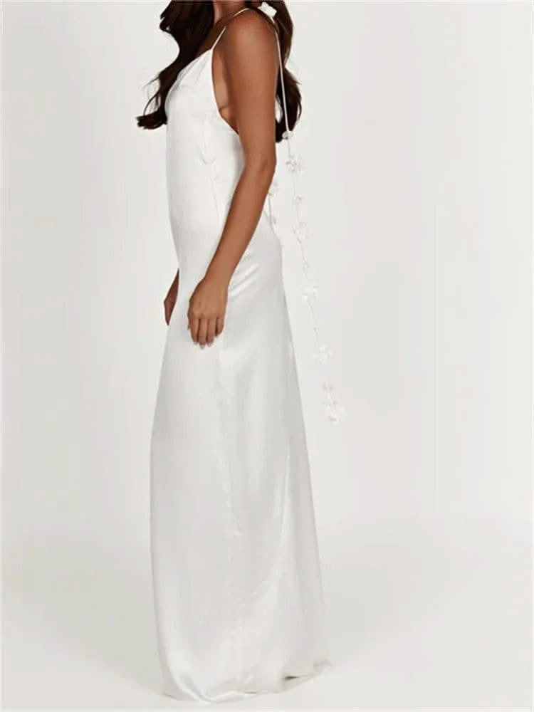 CHRONSTYLE Satin Backless Spaghetti Strap Long Dress for Women Sexy Backless 3D Flower Tassels Dress Party Cocktail Y2K Vestidos - M & M Global