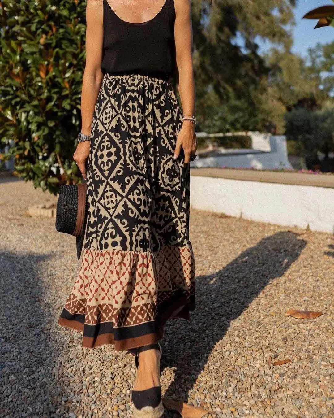 boho print maxi skirt women fashion high waist 3D printting long dress casual loose summer high waist skirts for women 2024 - M & M Global