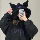 Thickened Loose Hooded Sweatshirt in Black with Embroidery Lambskin Imitation for Autumn And Winter Trendy Streetwear for Girls