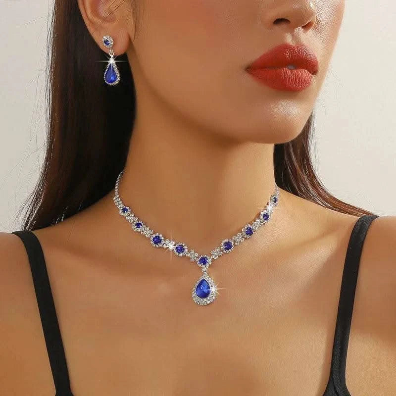 2pcs/set Jewelry Sets Women Elegant Waterdrop Rhinestone Pendant Necklace stud Earrings Wedding Dress Bridal Jewelry Set - M & M Global