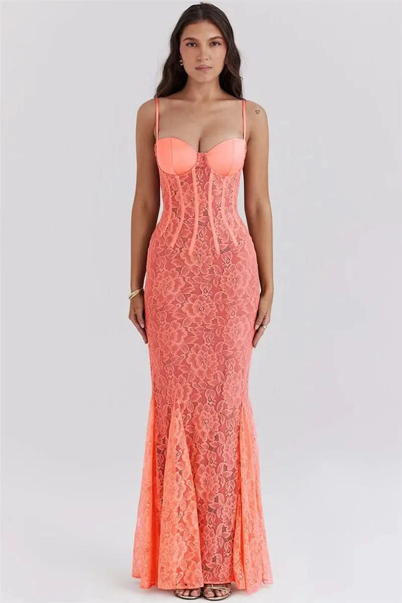 Mozision Floral Lace Sexy Maxi Dress For Women Orange Spaghetti Strap Sleeveless Backless Bodycon Club Party Long Dress Elegant - M & M Global