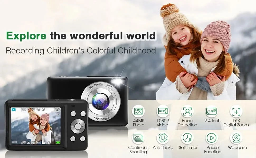 HD 1080P 2.4 inch digital Camera Rechargeable Cameras with 16x Zoom Compact Camera 44MP Cameras for kids Beginner Camera - M & M Global