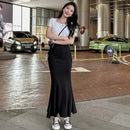 Blackskirt Women's Spring Autumn High-waisted A- line Skirt Fish Tail Vintage Long Dress Sensibility Niche Bodycon Skirt - M & M Global