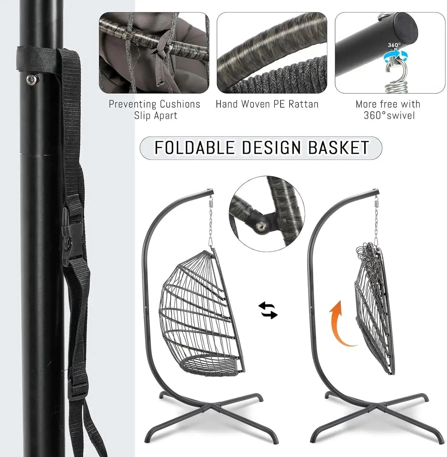 Outdoor Hanging Egg Chair with Stand, 350Lbs Sturdy Wicker Egg Swing Chair for Outside, Comfortable Rattan Patio