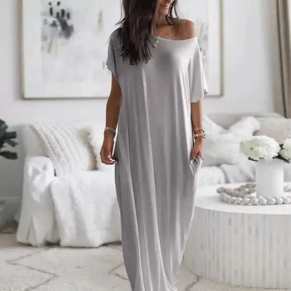 Summer Home Long Dress Comfortable Casual Sexy One-shoulder Bat-sleeve Dress Women's Short-sleeved Long Dress - M & M Global