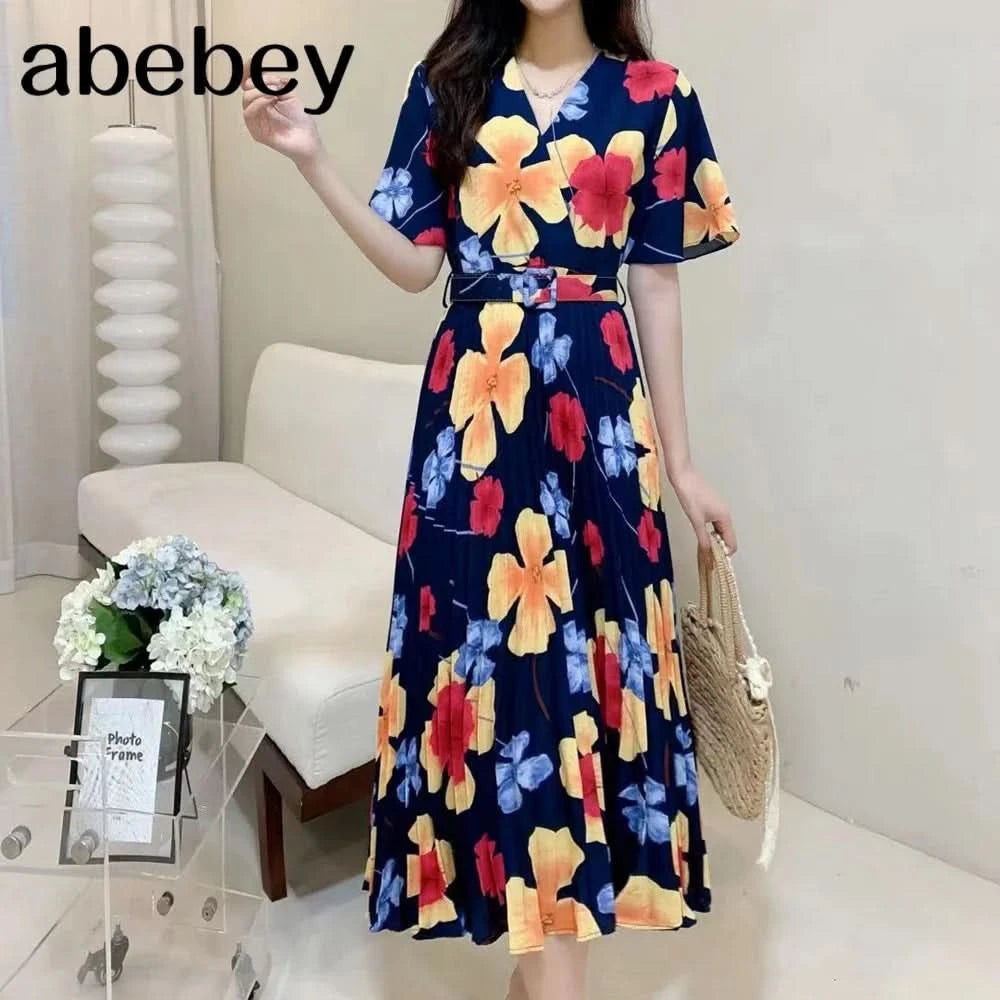 Women Dress Fashion Vintage Ins Bandage Slim Waist A-line Long Dress Vacation Beach Summer Outfits Lady Robe Femme - M & M Global