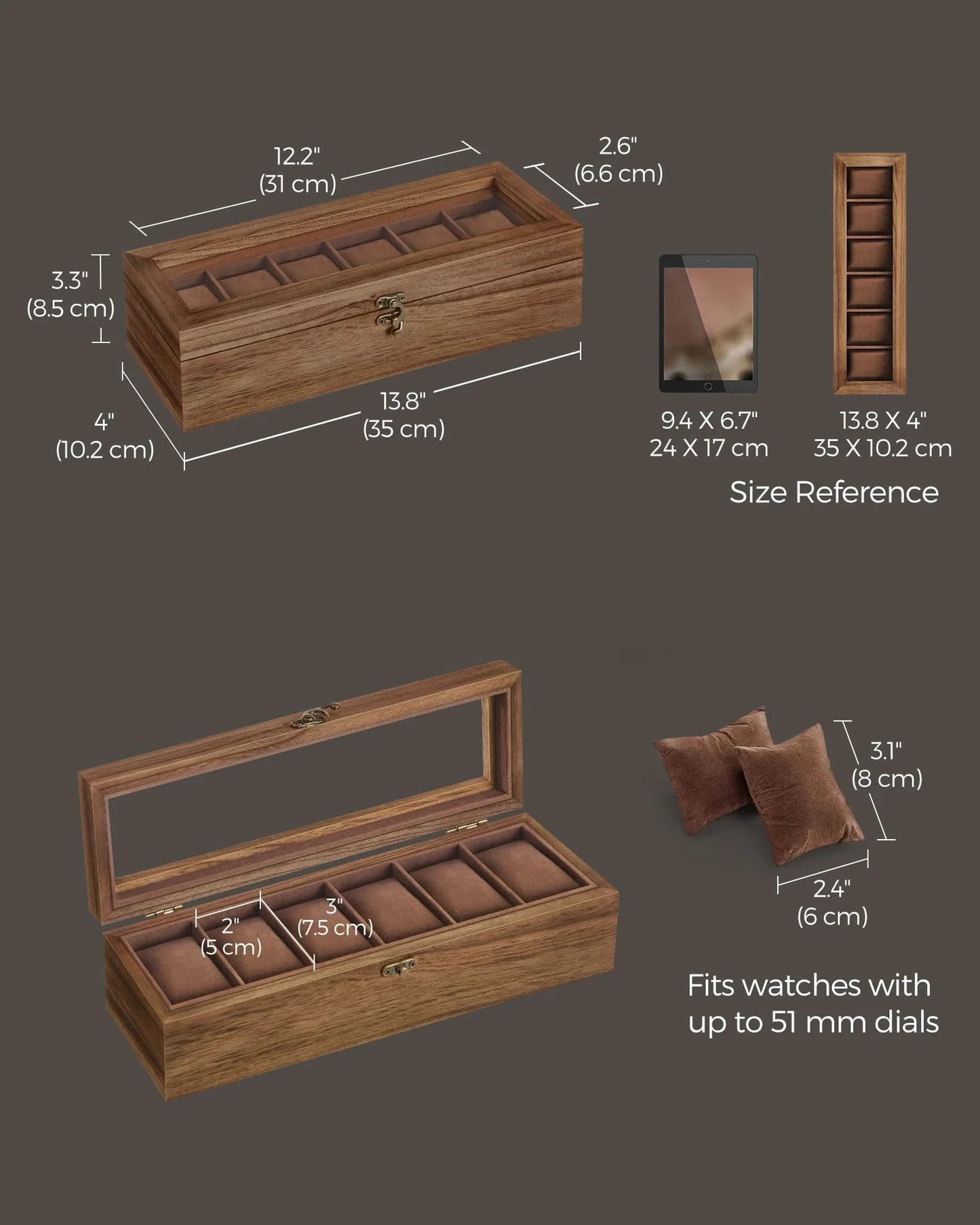 SONGMICS Watch Box, 6-Slot Watch Case, Solid Wood Watch Box Organizer with Glass Lid, Watch Display Case with Removable Pillows - M & M Global