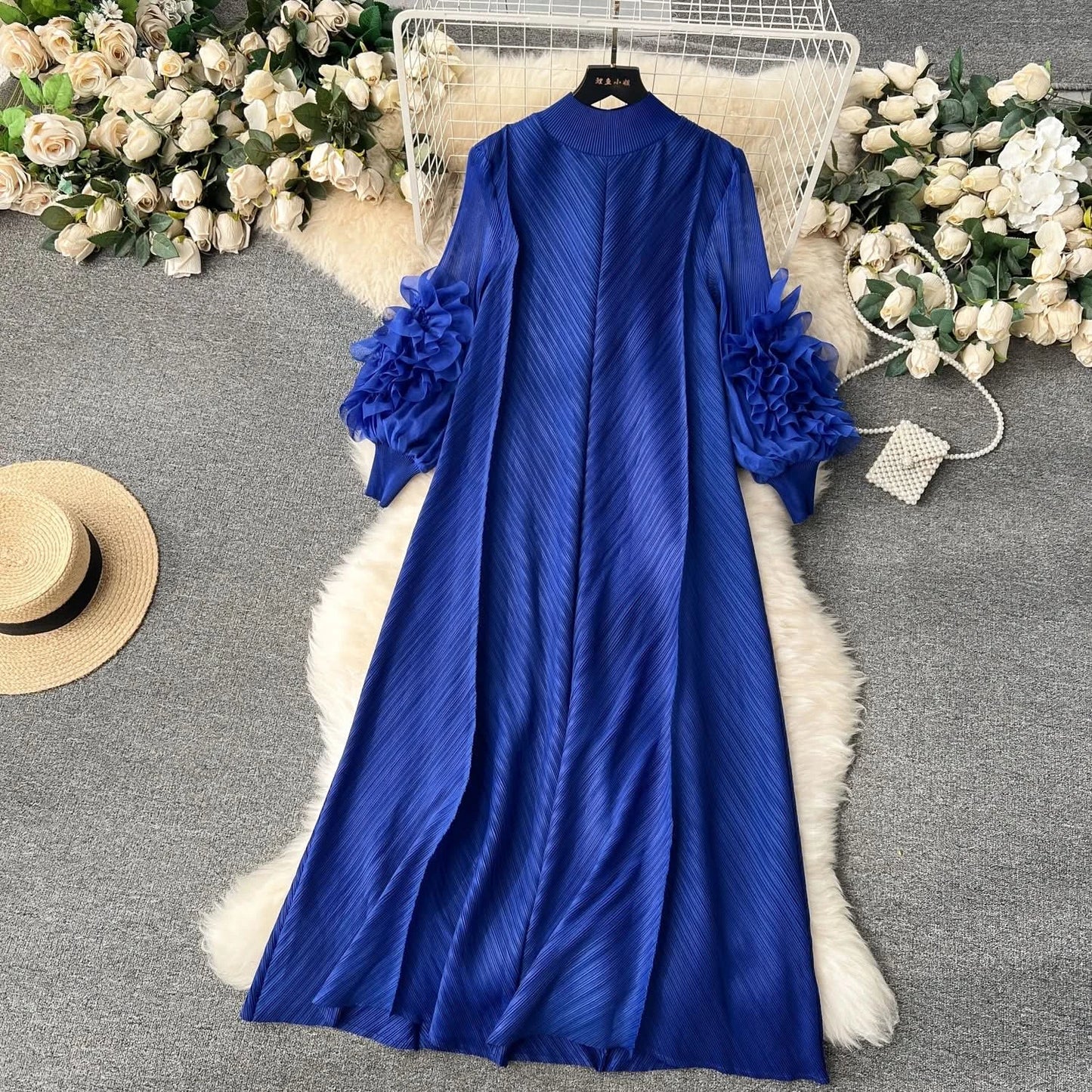Sweet Pleated Vintage Three-dimensional Flower Loose Long Dress Chic Evening Korean Fashion Fashion Women Summer Dresses - M & M Global