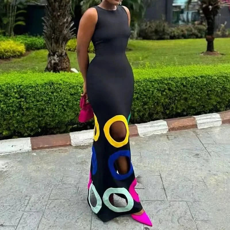 Summer Black Slim Hollow Sexy Party Vacation Long Dress Women's  Elegant Casual Sleeveless Sundress New High Waist Evening Dress - M & M Global