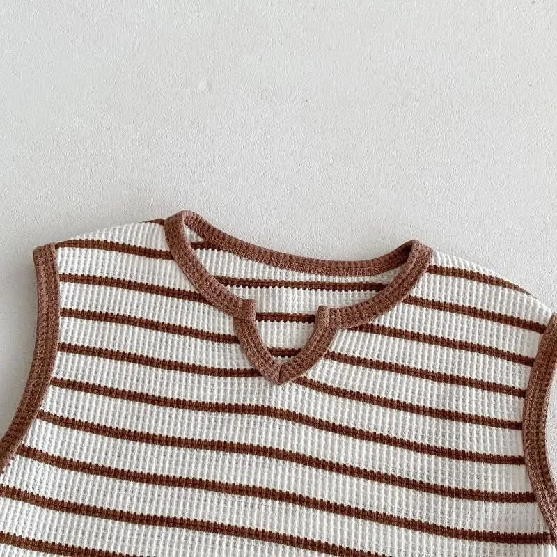 Summer baby clothes 0-5T solid color boys striped sleeveless T-shirt shorts set breathable girls vest short sleeved shorts set - M & M Global