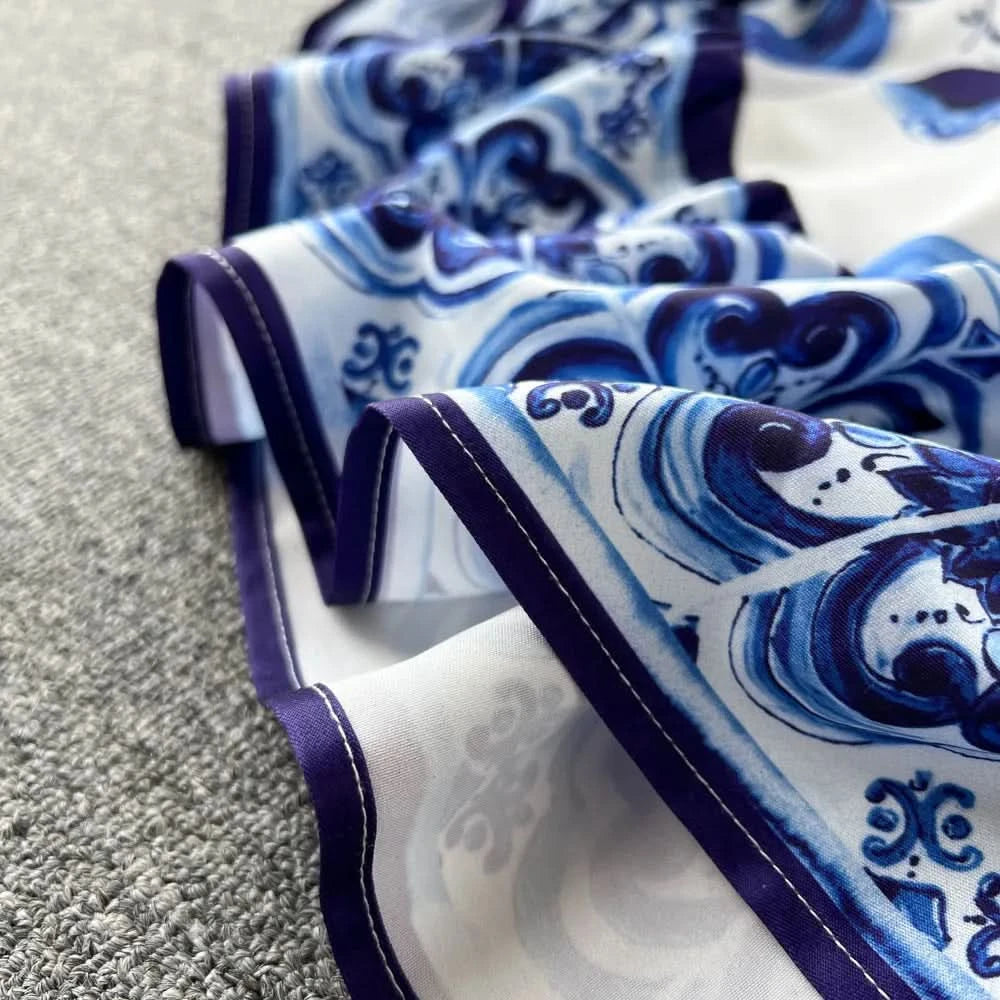 Summer Long Dress Women Runway Blue And White Porcelain Asymmetry Sexy Off The Shoulder Ruffles Hem Loose Robe Maxi Vestidos - M & M Global