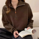 Korean Half Zip-Up Sweater Women Retro Loose Sporty Knitted Pullover ladies Autumn Winter thicken warm Long Sleeve knit Jumpers