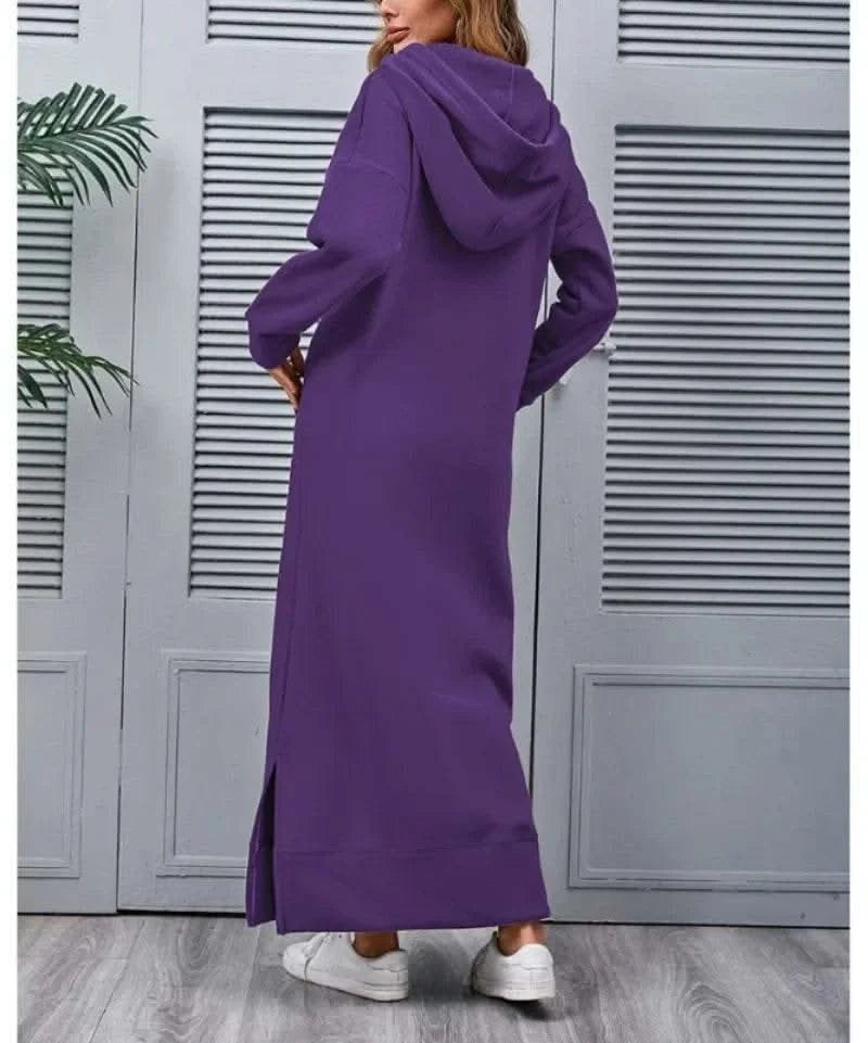 Autumn and Winter New Loose Size Knitted Hooded Long Dress Plush Casual Fashion Dress Large Pocket Skirt Women's Wear - M & M Global