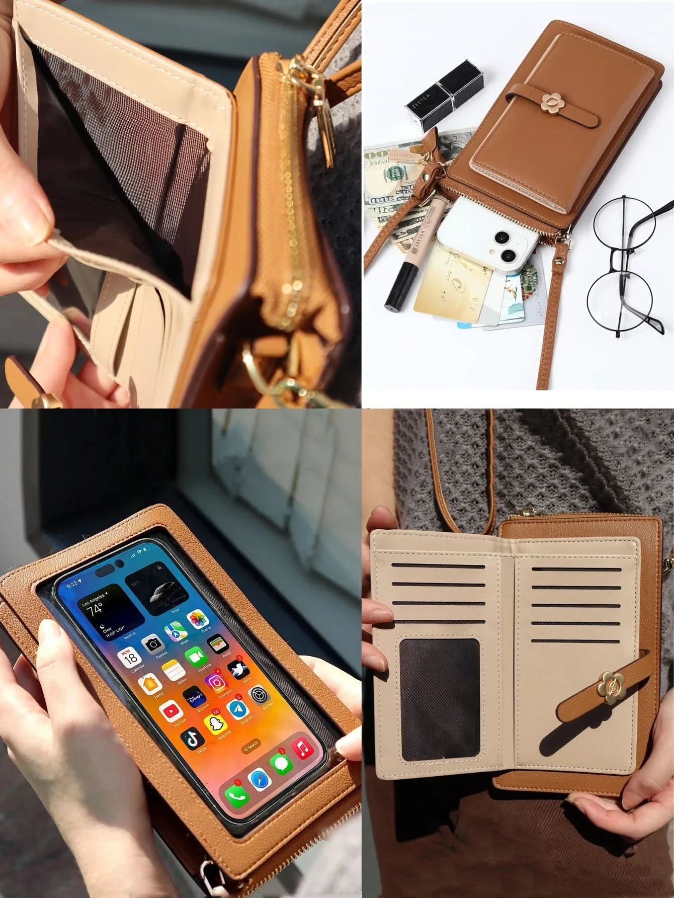 MIYIN Women's Soft Leather Touch Screen Phone Bag Flower Decoration Multi functional Large Capacity Crossbody Bag Coin Wallet - M & M Global