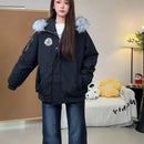 American New Winter Unisex Oversized Fur Trim Hooded Padded Coat Navy Blue Preppy Emblem Warm Casual Fashion Jacket