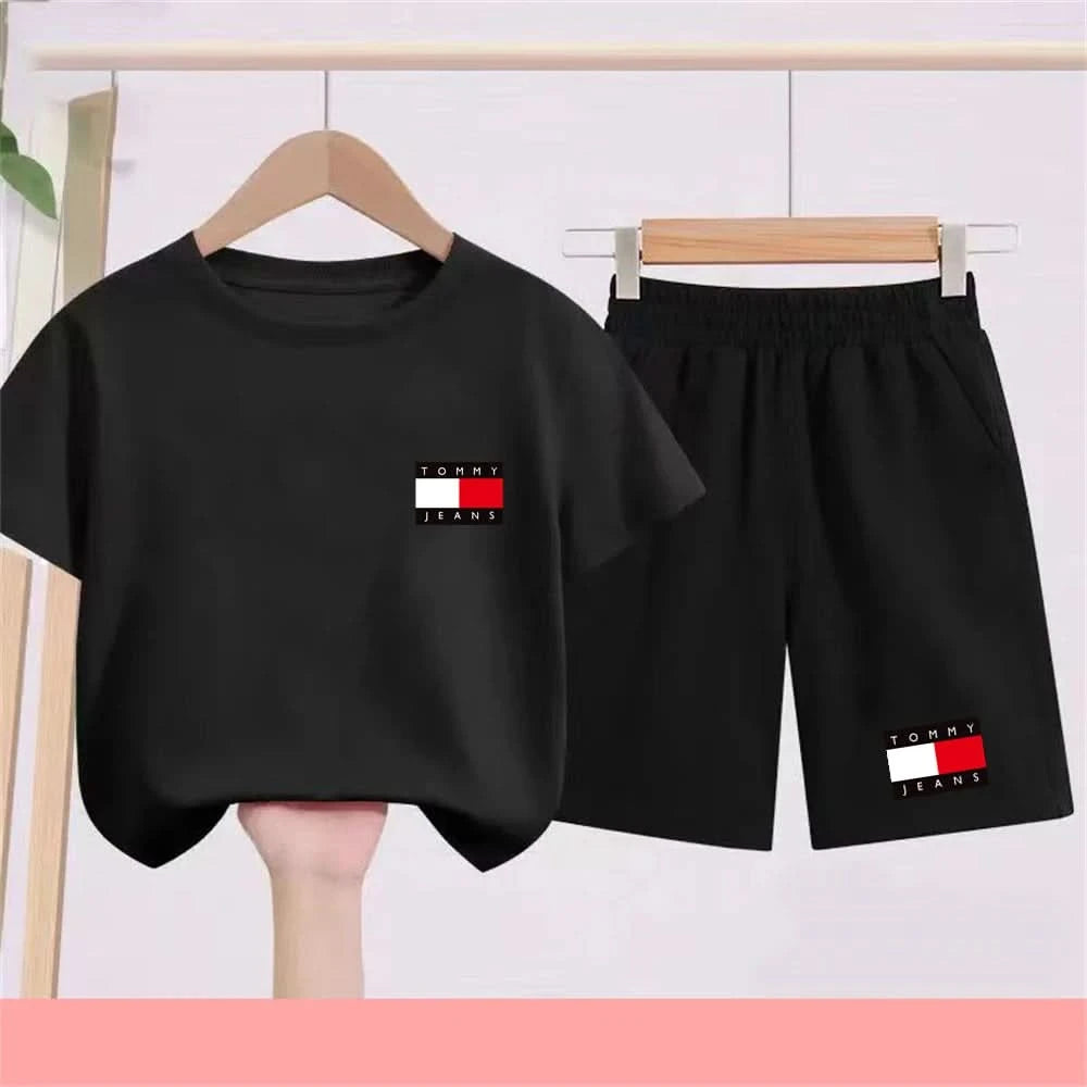 Kids Short sleeve Fashion T-shirt Boys Girls Toddler 3-12Yrs Tops and bottom Sunshine Casual Set outdoor sport black Clothes - M & M Global