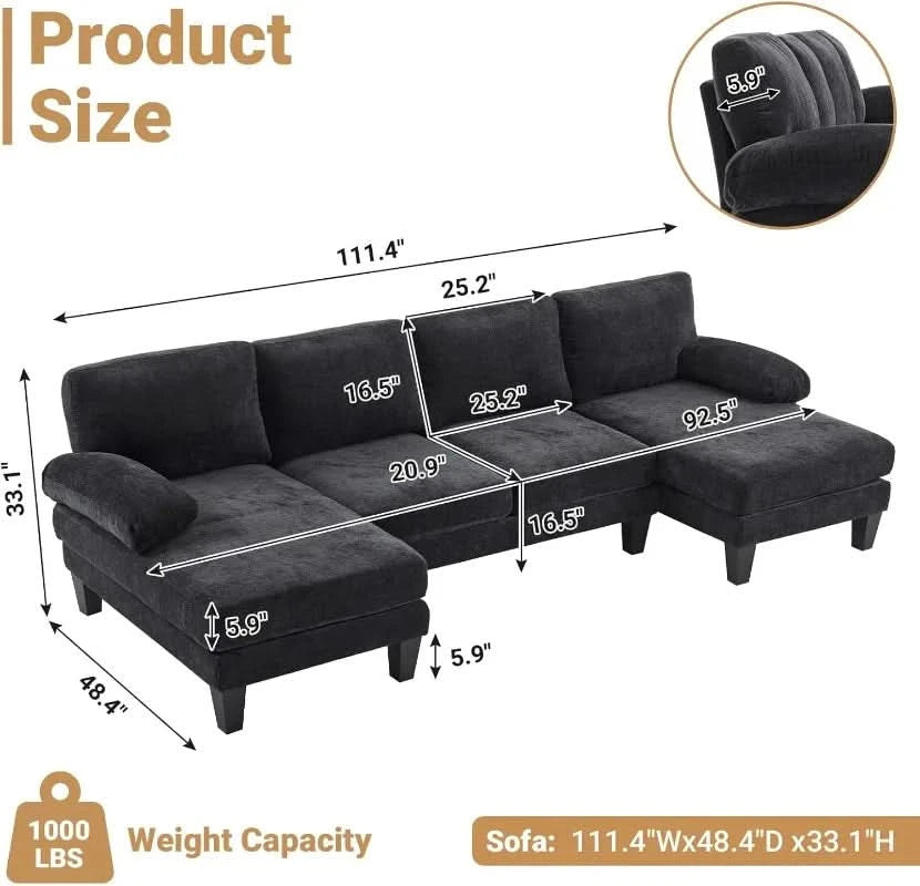 110" Sectional Couches for Living Room,U Shaped Couch with Double Chaise, 4-Seat Sofa Set with Chenille Fabric for Home F
