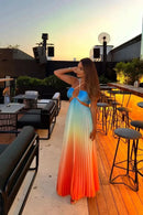 Women Chic Gradient Print Halter Neck Pleated Beach Long Dress Fashionable Long Dress Sexy Hollow Out Vacation Maxi Dress Outfit - M & M Global