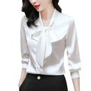Elegant Pure Color Long Sleeve Women's Shirt with Bow Tie Single Button Open Cardigan Spring Autumn Fashionable Ageless