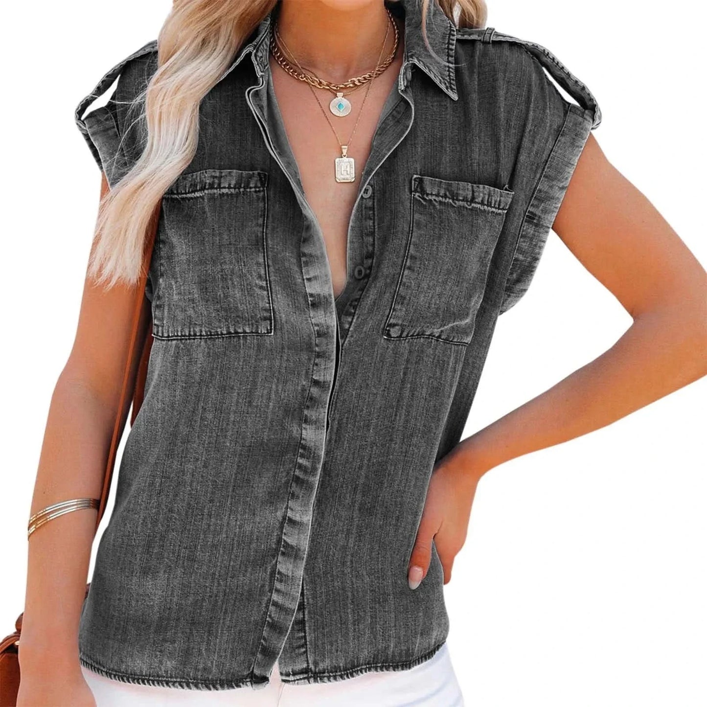 Elegant And Youthful Woman Blouses Summer Slimming Pure Color Retro Women'S Short Sleeve Denim Shirt Blusa Elegante Feminina - M & M Global