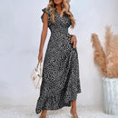 Polka Dot Dress For Women Sexy V-Neck Long Dress Casual And Fashionable Ruffle Edge Short Sleeved High Waisted Dress - M & M Global